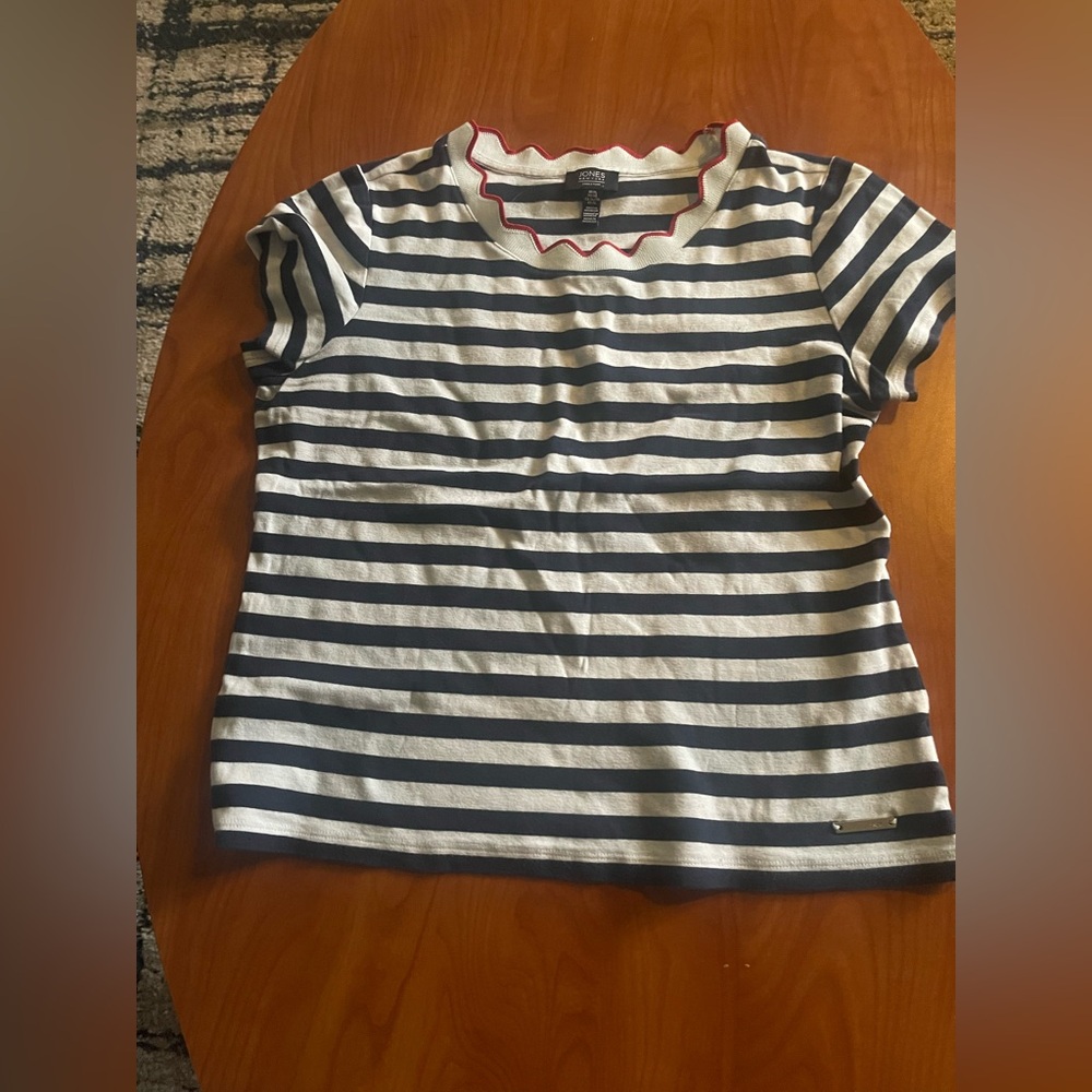 Jones New York Navy and White Striped Short Sleeve Tee with Red Trim